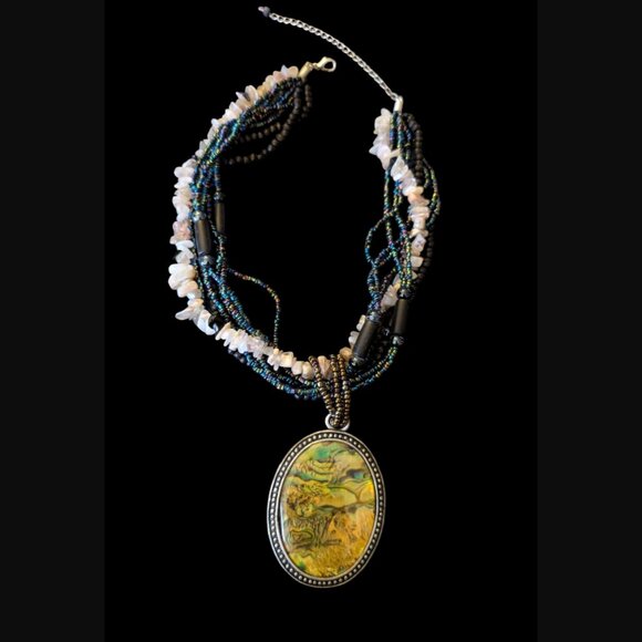 Natural Stone Large 2.81 Mother Of Pearl Multistrand Silver Statement Necklace - Picture 2 of 9